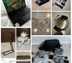 Laptop, Oculus Quest VR headset, Drone DJI Mavic, Monitor portátil Innoview, GoPro Hero 9 Black, Secadora Remington, Waflera Oster, Lámpara LED plegable, Y Báscula de cocina EMOS