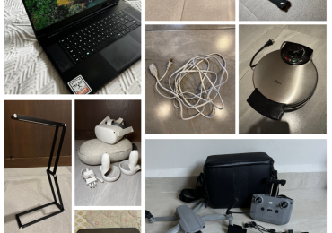 Laptop, Oculus Quest VR headset, Drone DJI Mavic, Monitor portátil Innoview, GoPro Hero 9 Black, Secadora Remington, Waflera Oster, Lámpara LED plegable, Y Báscula de cocina EMOS