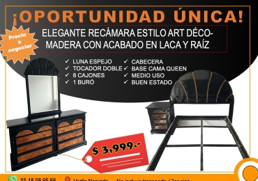 ELEGANTE RECÁMARA ESTILO ART DÉCO-MADERA CON ACABADO EN LACA Y RAÍZ. QUEEN