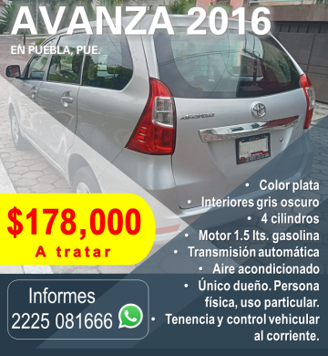 TOYOTA AVANZA 2016 EN PUEBLA