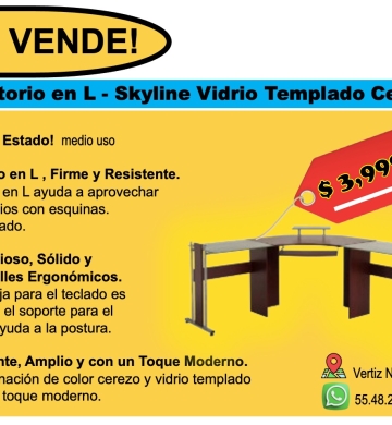 ESCRITORIO EN L-SKYLINE VIDRIO TEMPLADO CEREZO