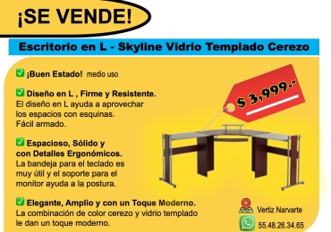 ESCRITORIO EN L-SKYLINE VIDRIO TEMPLADO CEREZO