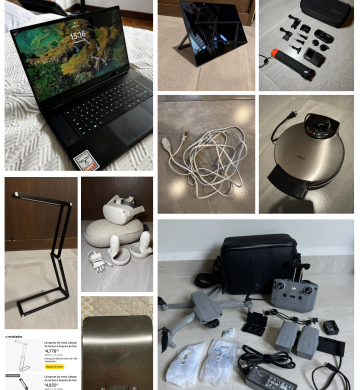 Laptop, Oculus Quest VR headset, Drone DJI Mavic, Monitor portátil Innoview, GoPro Hero 9 Black, Secadora Remington, Waflera Oster, Lámpara LED plegable, Y Báscula de cocina EMOS