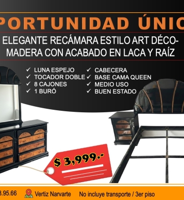 ELEGANTE RECÁMARA ESTILO ART DÉCO-MADERA CON ACABADO EN LACA Y RAÍZ. QUEEN