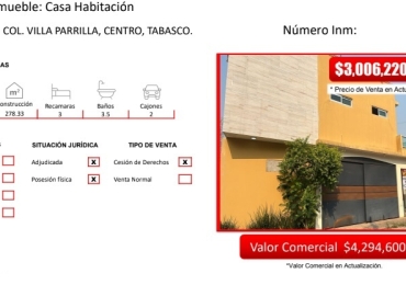 Casa sola de 4 recamaras – Tabasco RECUPERACIÓN INMOBILIARIA